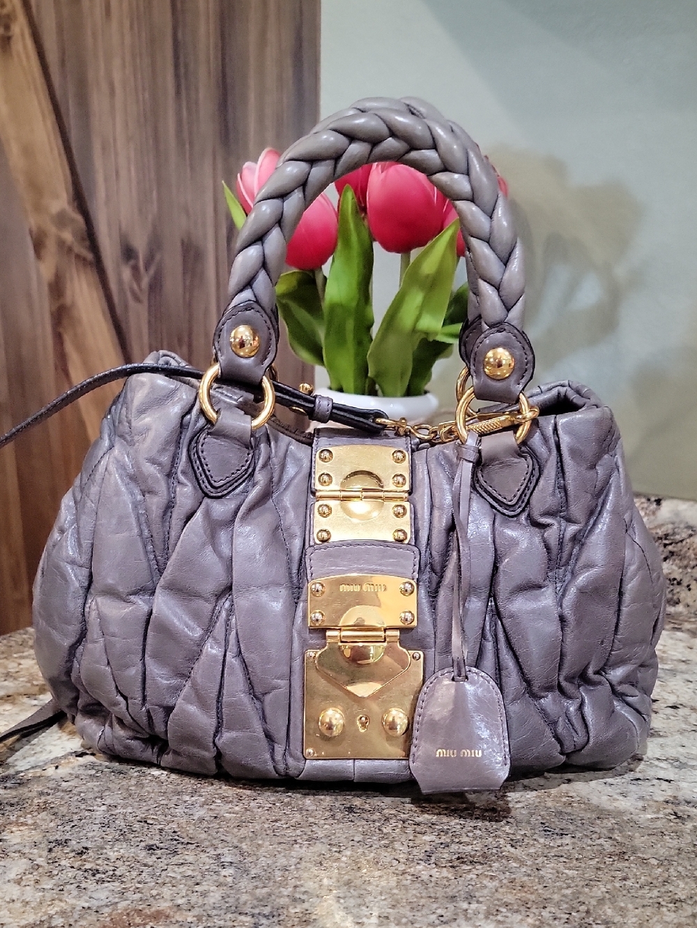 Miu Miu Gray Quilted  Matelasse 2way Leather Satchel with Gold Hardware